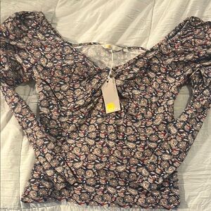 Boden Cream and Blue Smocked Long Sleeve Blouse